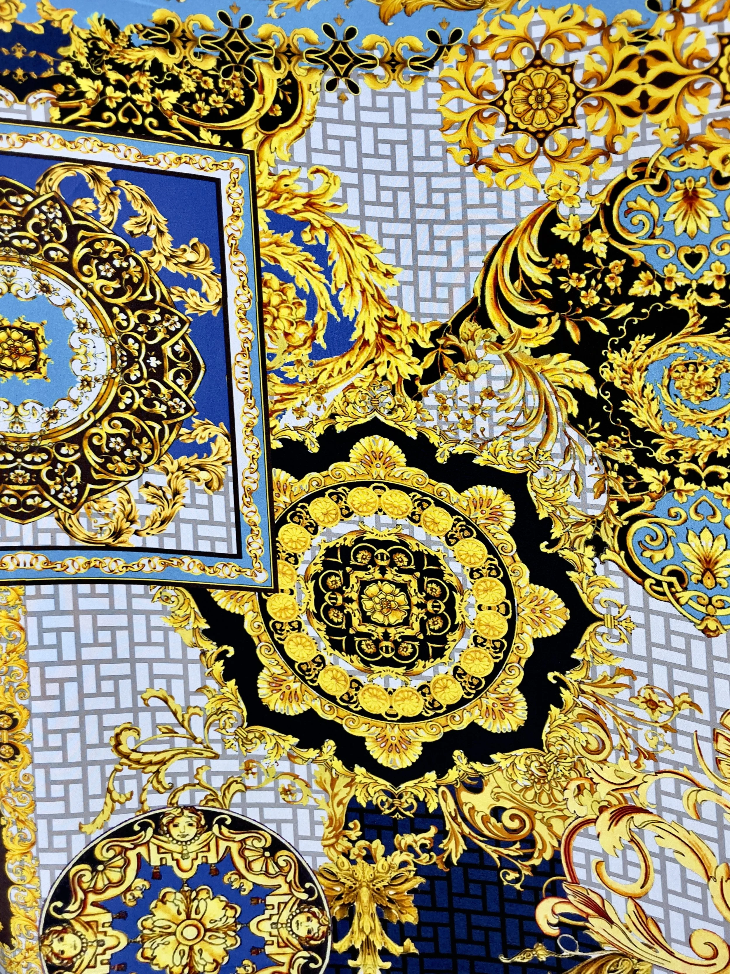 3 Yds Gold/ White/ Blue Versace Printed Stretch Crepe De Chine